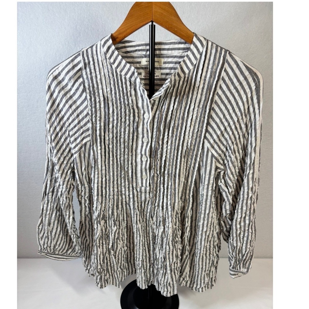Max Studio Striped Pintuck Tunic Blouse Gray White 3/4 Sleeve Women's Small